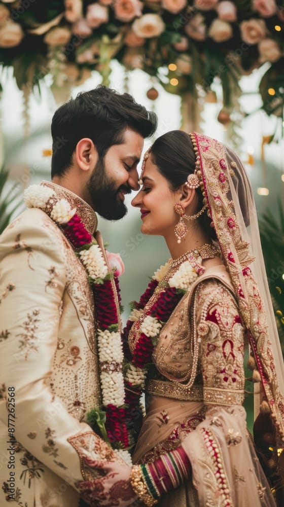 Indian wedding couple "A beautiful Indian wedding couple, adorned in traditional attire, shares an intimate moment under a floral arch. The groom, in a cream and gold sherwani with a maroon and white floral garland, gently touches foreheads with his bride. The bride is resplendent in a champagne and maroon lehenga with intricate gold embroidery, a matching bridal dupatta, and traditional Indian wedding jewelry including a maang tikka, jhumkas, and a multi-layered necklace. Both have traditional garlands and are smiling softly, symbolizing love and commitment during their marriage ceremony. This image captures the essence of a traditional Indian wedding, ideal for wedding photographers, cultural event planners, and bridal fashion websites.